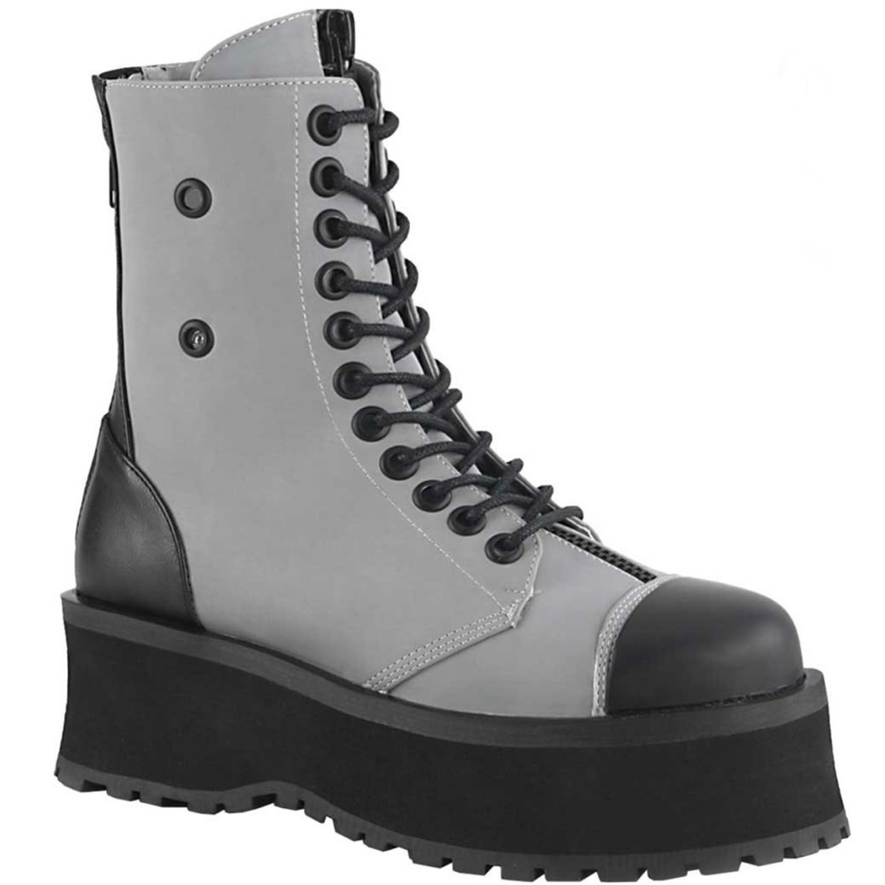 DEMONIA | Gravedigger reflective grey/blk steel toe platform 10 ete combat boots